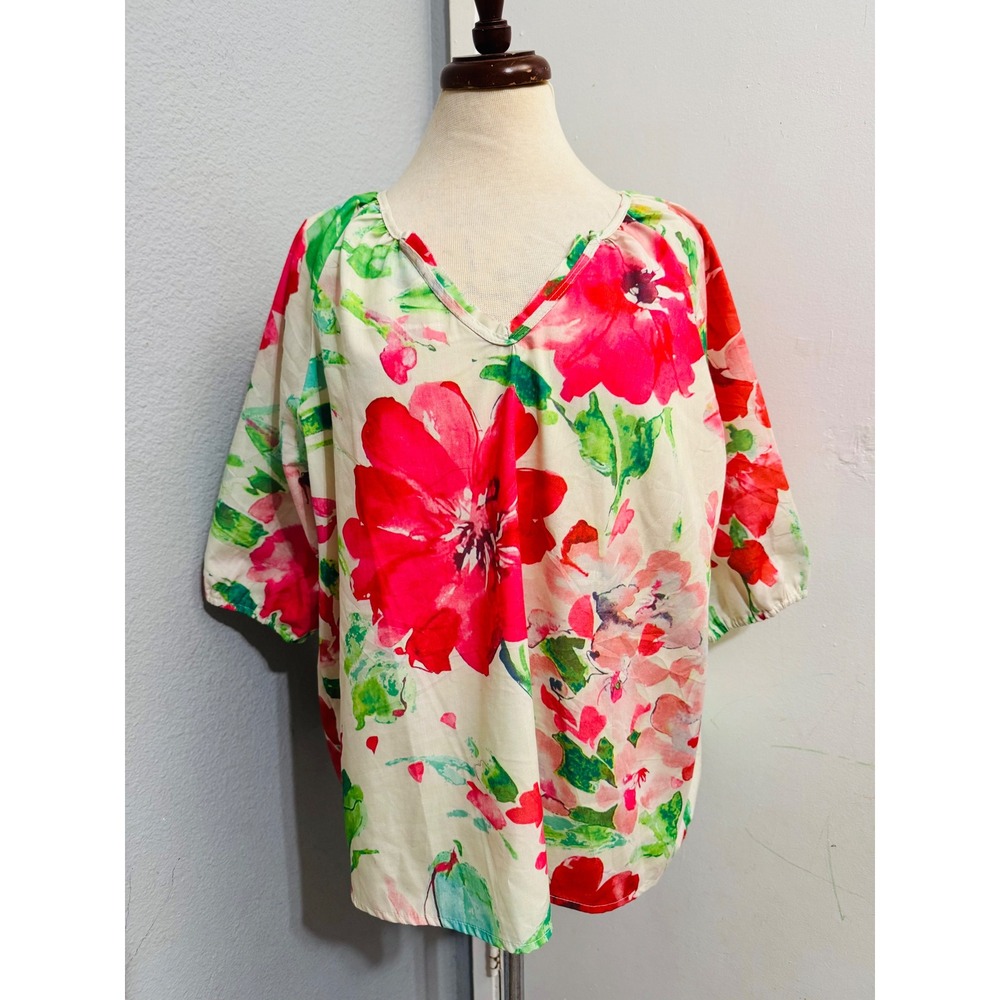 Cottagecore‎ Womens Pink Blouse XL Floral V-Neck Relaxed 3/4 Raglan Sleeve Top